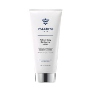 The image shows a tube of "Retinol Body Contouring Lotion" from the brand Valeriya Life with a sleek, white design. The background is neutral and simple, with no additional elements or text visible in the image. The tube's label also features key product ingredients.