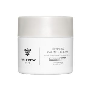 Valeriya Life Redness Calming Cream jar featuring aloe and hydrocortisone formula, medical-grade skincare product designed to soothe irritation and reduce facial redness.