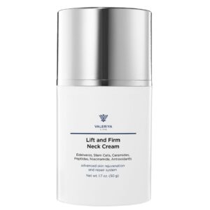 The image shows a jar of "Lift and Firm Neck Cream" from brand Valeriya Life with a sleek, white design. The jar is white with a silver-colored cap. The background is simple and neutral, focusing on the clean, minimalist packaging.