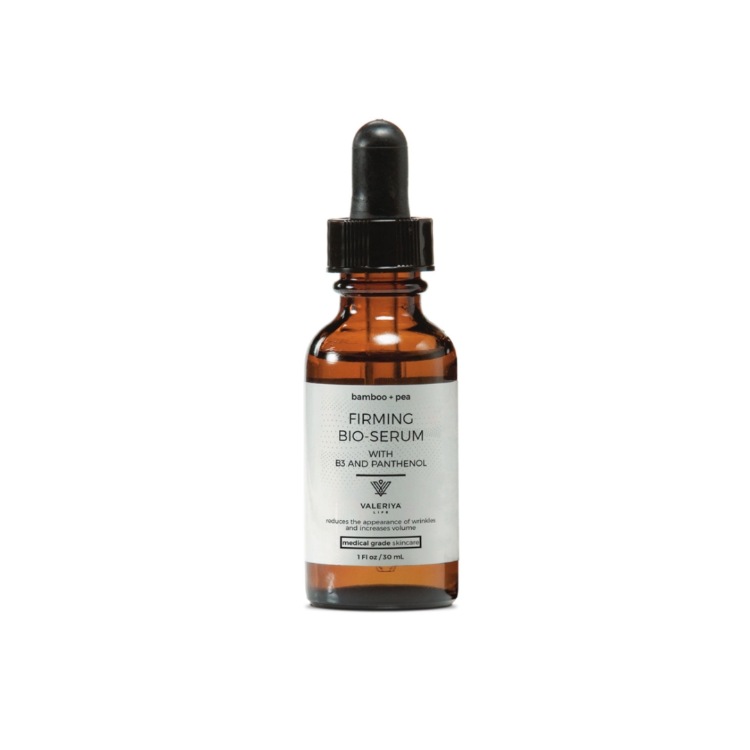 Firming Bio-Serum 1 Valeriya Life Firming Bio-Serum in an amber glass dropper bottle, formulated with bamboo extract, pea peptides, niacinamide (B3), and panthenol to help firm skin and reduce the appearance of fine lines.