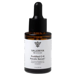 Bottle of Fortified CE Ferulic Serum by Valeriya Life, featuring a brown glass dropper bottle with a white label and black text, placed against a clean white background.