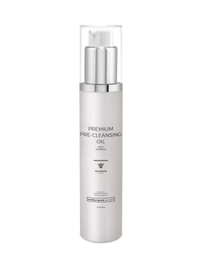 Valeriya Life Premium Pre-Cleansing Oil in an airless pump bottle, formulated with vitamin E and nourishing botanical oils to gently remove makeup and impurities while hydrating the skin.