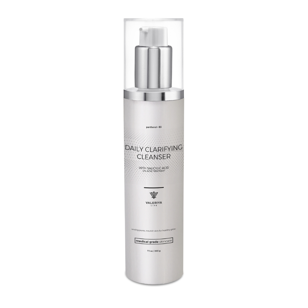 Daily Clarifying Cleanser 1 Valeriya Life Daily Clarifying Cleanser in an airless pump bottle, formulated with salicylic acid to unclog pores, reduce breakouts, and promote a clearer, healthier-looking complexion.