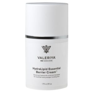 HydraLipid Essential Barrier Cream from Valeriya MD Skincare in a sleek white jar with silver accents, elegantly displayed against a clean, minimalist background to highlight its advanced skincare benefits.