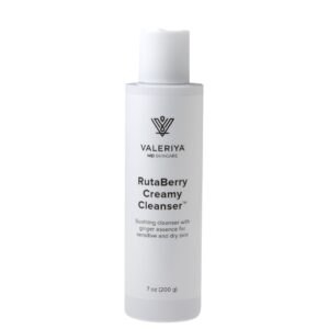 RutaBerry Creamy Cleanser by Valeriya MD Skincare in a sleek white bottle, displayed against a clean, minimal background to emphasize its calming and gentle skincare purpose.