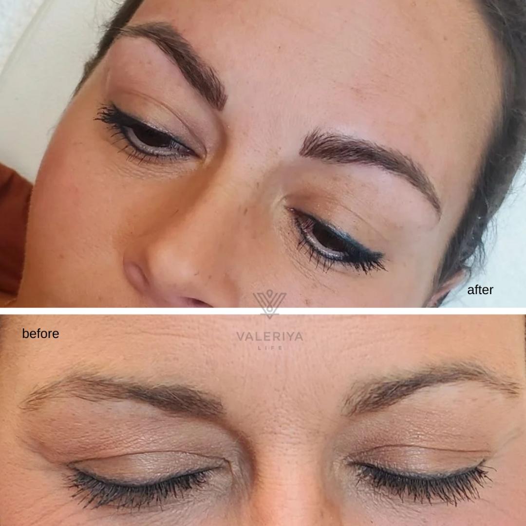 Side-by-side before-and-after photo of a woman with long, wavy blonde hair wearing a white robe. The logo on the robe shows a "Valeriya Life" branding.