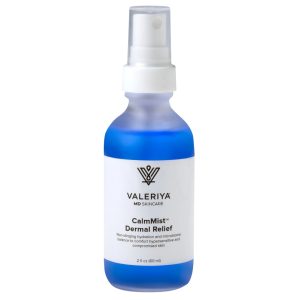 Blue and white spray bottle of Valeriya MD Skincare CalmMist™ Dermal Relief, 2 fl oz, a soothing mist for hypersensitive and compromised skin.