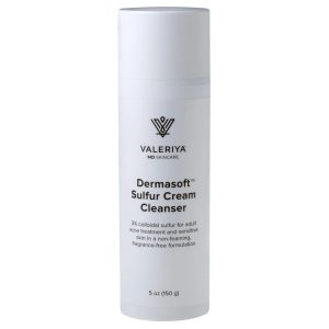 White bottle of Valeriya MD Skincare Dermasoft™ Sulfur Cream Cleanser, 5 oz, labeled with 3% colloidal sulfur for adult acne and sensitive skin in a non-foaming, fragrance-free formula.