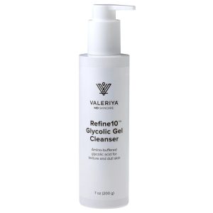 White pump bottle of Valeriya MD Skincare Refine10™ Glycolic Gel Cleanser, 7 oz, labeled with amino-buffered glycolic acid for texture and dull skin.