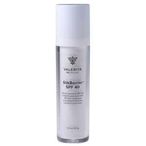 White airless pump bottle of Valeriya MD Skincare SilkBarrier™ SPF 40, a broad-spectrum mineral sunscreen with 14% zinc oxide, 1.75 oz.