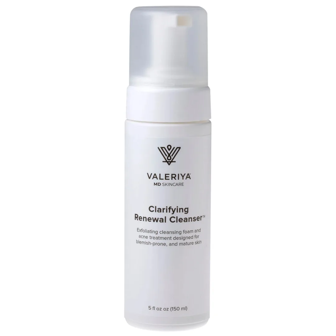 Clarifying Renewal Cleanser™ 1 Clarifying Renewal Cleanser™ by Valeriya MD Skincare in a white foaming pump bottle with 2% salicylic acid and glycolic acid, 5 fl oz (150 mL)